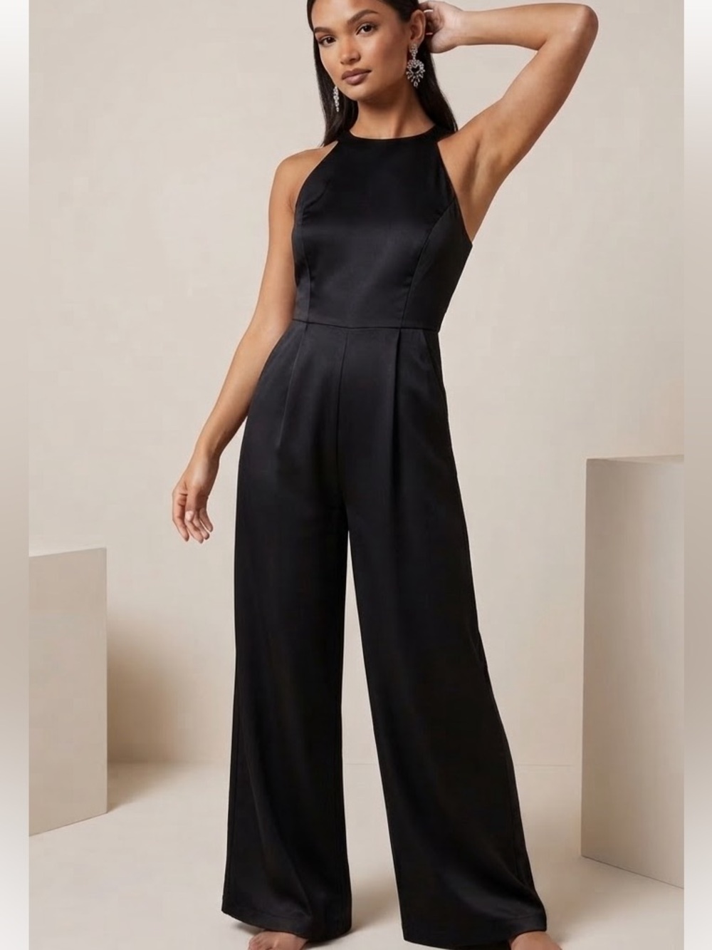 Line and Dot Revolve black satin sleeveless wide leg jumpsuit halter size Small